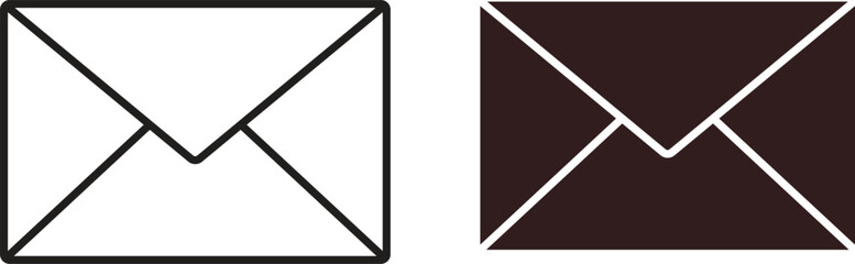 Pair of simple envelope icons, one black, one white, isolated on white background. Minimalist design, suitable for website or app.
