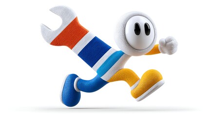 Playful 3D Anthropomorphic Wrench Character in Minimalist Comic Style Running