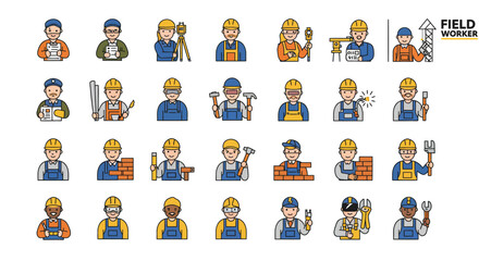 Obraz premium A comprehensive collection of flat design icons representing diverse field workers and their essential tools, ideal for professional illustrations.