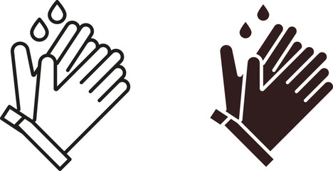 Simple line art and solid icon of hands washing with water drops. Hygiene and cleanliness concept.