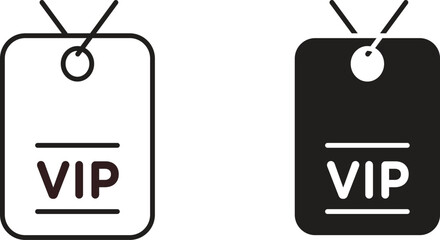 Two VIP tags, one black and one white, in a simple line art style. Isolated on white background.