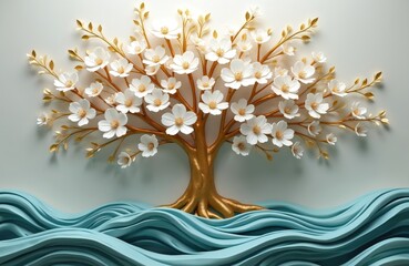 Elegant 3D illustration of golden blossoming tree with white flowers, leaves, set against blue wavy water background. Detailed floral design evokes luxury, nature, perfect for decorative