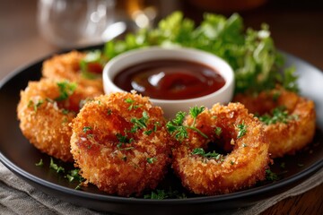 Crispy Fried Onion Rings with Barbecue Sauce and Salad