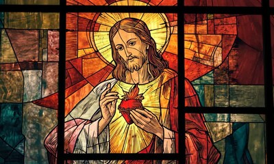 Sacred stained glass window depicting Jesus with radiant glowing sacred heart in cathedral setting - Powered by Adobe