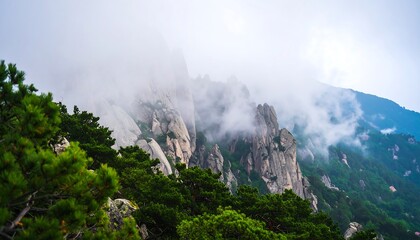 Misty mountain range with pine trees
