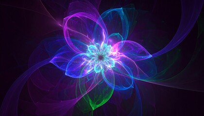 Obraz premium A vibrant, abstract flower design in glowing neon colors radiates from a dark center.