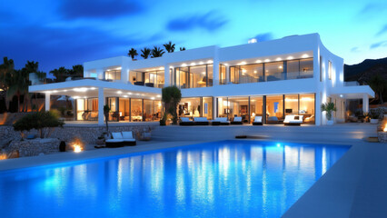 Fototapeta premium Contemporary white villa with glowing interiors, outdoor lounge, and swimming pool at night.
