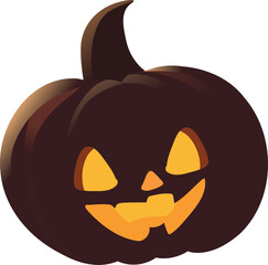 Spooky Halloween Jack-o’-lantern pumpkin illustration with glowing face, dark brown shell, and bright orange light inside. Perfect for festive Halloween decor and design projects.