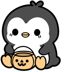 Fototapeta premium cute halloween penguin with pumkin basket - layered cut file - spooky sticker