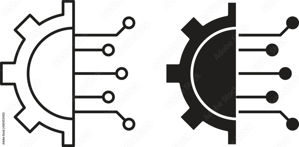 Poster two gear icons, one outlined and one filled, each with circuit connections extending from the side. 
