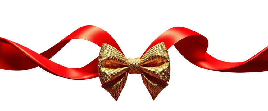 Shiny red ribbon and gold bow tie in middle looks festive and excited
