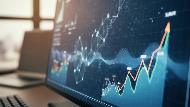 Computer screen illuminated with evolving data patterns and algorithmic trend predictions.