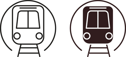 Two simple line art icons of a subway train entering a tunnel. One is black, the other is an outline.