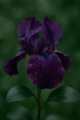 deep purple iris flower with fresh raindrops on petals