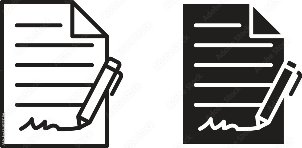 Poster simple vector icon of a signed document with a pen. black and white variations included.