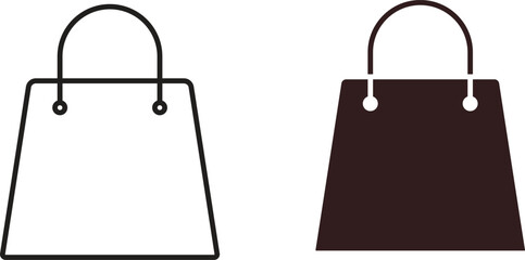 Two simple shopping bag icons: one line art, one solid dark brown, isolated on white.