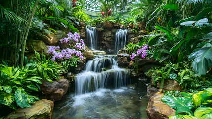 Lush Waterfall Oasis: Tranquil Garden Scene