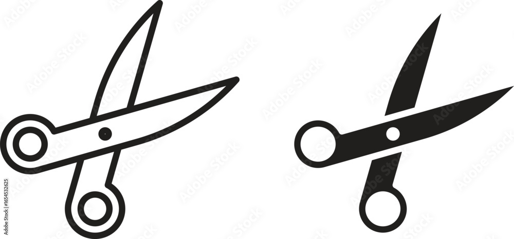 Poster simple line art and solid black icon set of scissors isolated on white. perfect for web or print.
