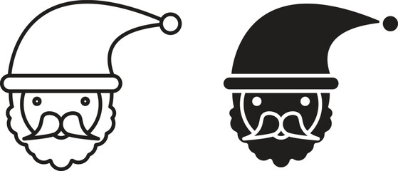 Simple Santa Claus head icons, one line art and one solid black, isolated on white.