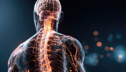 3D anatomy of the human nervous system, spine, and brain.  Visible nerve pathways and brain structure.  Dark background, highlighted with glowing orange nervous system