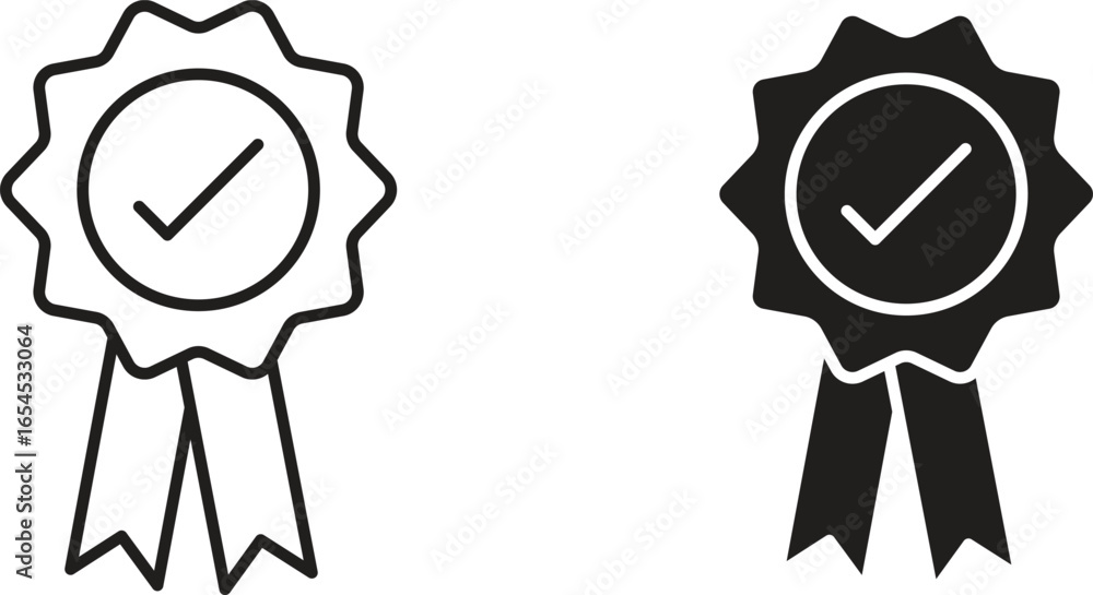 Poster two vector icons depicting an approval badge with a checkmark and ribbon, one in line style and one 
