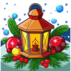 Christmas Lantern On Snow With Fir Branch in the Sunlight. New Year's beautiful background Christmas lantern rests on snow with a branch of fir Christmas Holidays greeting card 