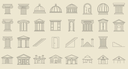 Collection of classic architectural elements line icons: columns, doors, windows, stairs, and building facades, ideal for design projects needing a touch of classic elegance and sophistication.