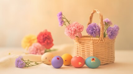 Spring festive arrangement with eggs and flowers for holiday photography