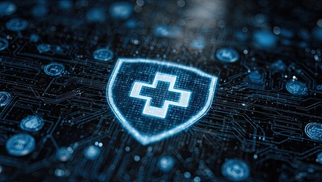 Digital shield with medical cross, overlaid on circuit board