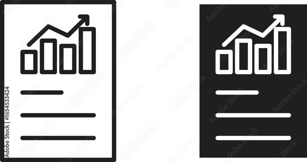 Poster a simple icon depicting a bar graph report in a document, shown in both white and black versions.