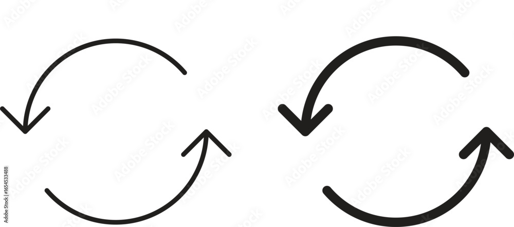 Poster two hand-drawn circular arrows pointing in opposite directions, isolated on white. simple design, pe
