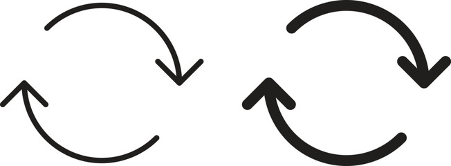 Two black circular arrows, one clockwise and one counterclockwise, isolated on a white background. Simple, bold design.