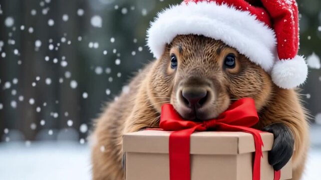 A jolly capybara holding a Christmas gift while wearing red hat sits and enjoying in the snow