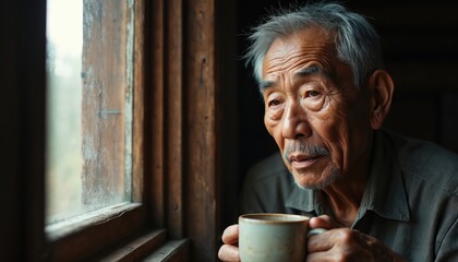 Mature Asian man with gray hair holds mug by window. Contemplative mood, peaceful expression. Soft light illuminates weathered face. Offers sense of warmth, nostalgia, quiet reflection on rural life.