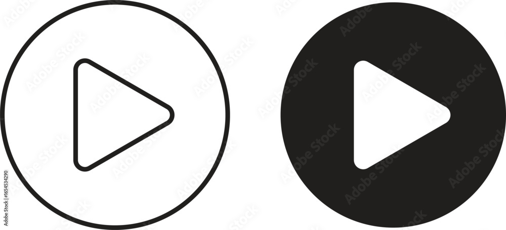 Poster two variations of a play button icon inside a circle. one is a black outline, the other is a filled 