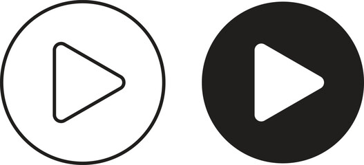 Two variations of a play button icon inside a circle. One is a black outline, the other is a filled black circle with a white play button.
