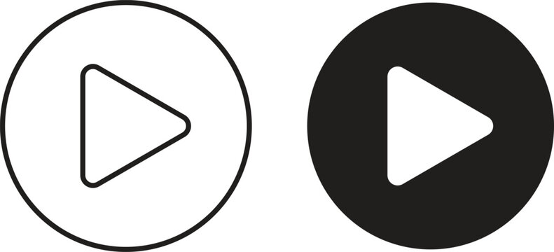 Two variations of a play button icon inside a circle. One is a black outline, the other is a filled black circle with a white play button.