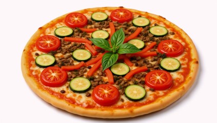 Golden-crusted vegetable pizza on a white background