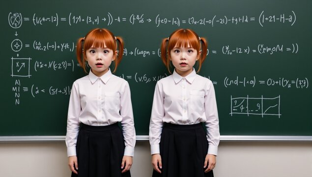 A redhead girl surprised while standing in front of a chalkboard covered with equations