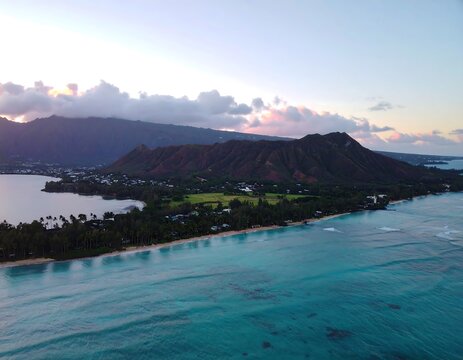 Breathtaking aerial view of Diamond Head Crater in Honolulu at sunset