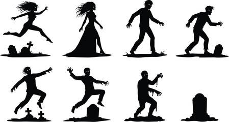 Silhouettes of zombies and undead creatures rising from graves, spooky Halloween horror scene, creepy cemetery, scary night background.