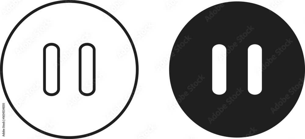 Poster two variations of a pause button icon: one outlined in white, the other filled in black. both are is