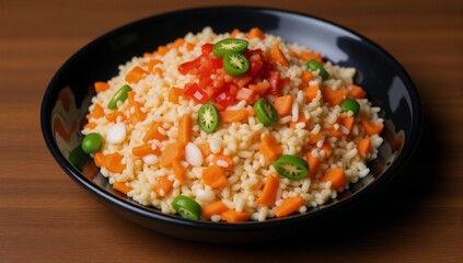 Top view of a bowl filled with Asian-style fried rice and assorted vegetables