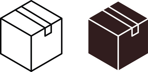Two isometric illustrations of a closed cardboard box, one black and one line art, isolated on white.