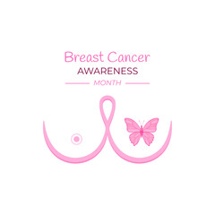 Fototapeta premium Breast cancer awareness vector with pink butterfly symbol inside female breast outline. Concept of prevention, hope, support, early check, women’s health care and oncology awareness campaign.