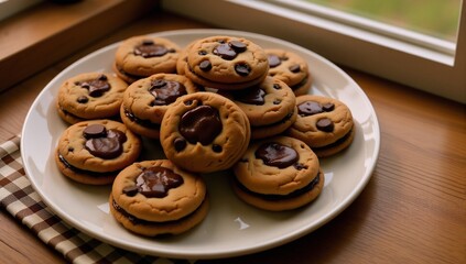 Cozy kitchen scene featuring freshly baked chocolate chip cookies on a plate