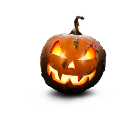 A lit green and orange spooky halloween pumpkin, Jack O Lantern with evil face and eyes isolated against a transparent background