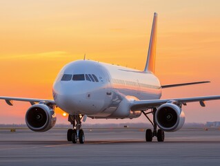 Naklejka premium A sleek airplane prepares for takeoff against a stunning sunset sky, showcasing its creation and the beauty of air travel.