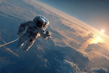 and keyword list based on the image

 Astronaut Floats in Open Space Near Earth During Sunrise or Sunset.