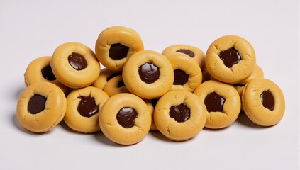 A stack of seven golden chocolate cookies with crispy texture and juicy chocolate pieces on a light gray background